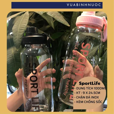 Bình thủy tinh Sportlife, Summer, Glass Plus 1000ml + tặng túi đi kèm