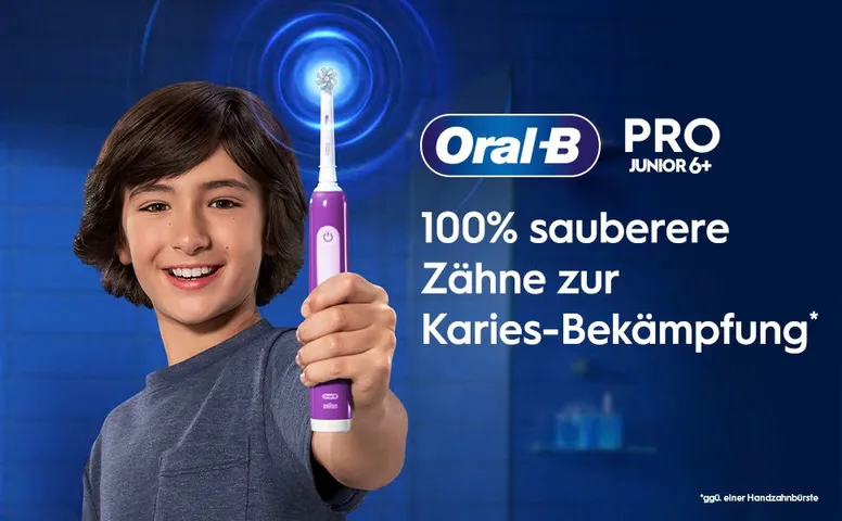Bàn chải đánh răng điện Oral-B Pro Junior 6+ màu hồng tím - Bảo vệ nướu, 3 chương trình làm sạch, công nghệ sạc tiện lợi