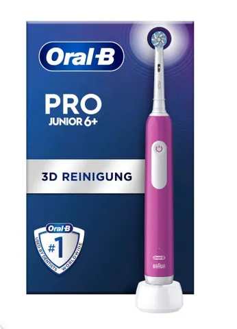 Bàn chải đánh răng điện Oral-B Pro Junior 6+ màu hồng tím - Bảo vệ nướu, 3 chương trình làm sạch, công nghệ sạc tiện lợi