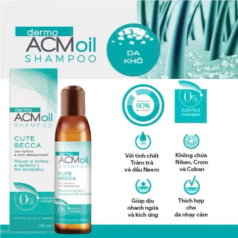 Dầu Gội Dermo ACM Oil Cute Secca - Giải Pháp Cho Da Đầu Khô, Giảm Ngứa Gàu, Dưỡng Ẩm Tóc, 200ml, Sản Phẩm Ý