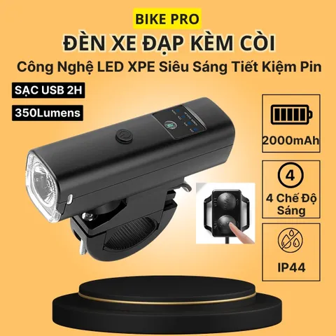 Đèn Gắn Xe Đạp BIKE PRO LED XPE 350 Lumen - Đèn Siêu Sáng Chống Nước, Tích Hợp Còi, 4 Chế Độ Sáng, Phụ Kiện Đạp Xe Thể Thao