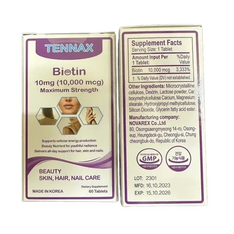 Viên Uống Biotin Tennax 10mg - Hỗ Trợ Đẹp Da, Tóc và Móng, Giải Quyết Rụng Tóc - Hộp 60 Viên Mỹ Quốc tế