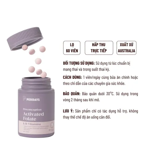 Viên Uống PERDAYS Bổ Sung Axit Folic & Vitamin B - Hỗ Trợ Thai Kỳ, Ngăn Ngừa Dị Tật Thai Nhi, 60 Viên