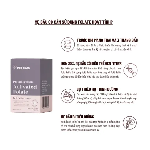 Viên Uống PERDAYS Bổ Sung Axit Folic & Vitamin B - Hỗ Trợ Thai Kỳ, Ngăn Ngừa Dị Tật Thai Nhi, 60 Viên