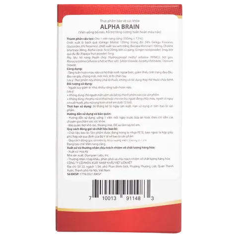 Viên uống Alpha Brain Olympian Labs - Hỗ trợ trí nhớ, tuần hoàn máu và giảm căng thẳng cho người lớn, 60 viên
