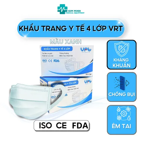 Khẩu Trang Y Tế Cao Cấp 4 Lớp VRT Màu Trắng Xanh - Quai Vải Không Đau, Kháng Khuẩn, Chống Bụi, Hộp 50 Chiếc