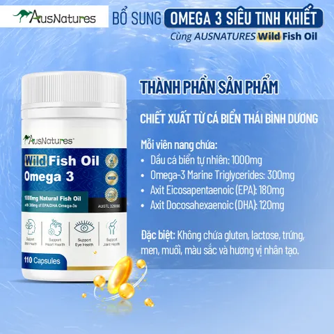 Dầu Cá Omega 3 1000mg AusNatures - Hỗ Trợ Tim, Trí Não, Thị Lực - Viên Uống Tự Nhiên, 110 Viên Giảm Viêm Khớp