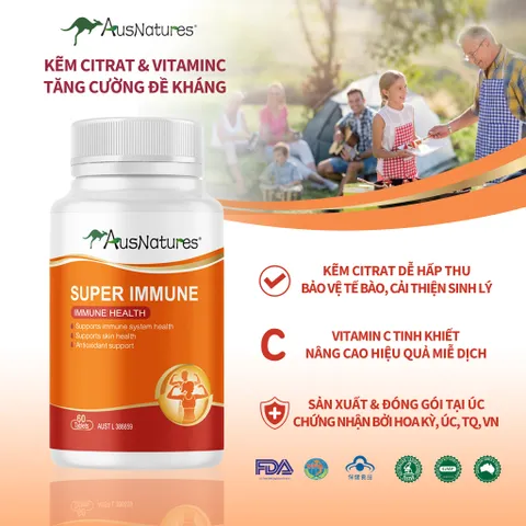 Viên Uống Kẽm & Vitamin C AusNatures Super Immune - Hỗ Trợ Đề Kháng, Giảm Mụn, Đẹp Da - 60 Viên (60 Ngày)