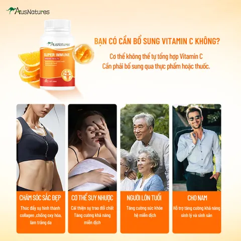Viên Uống Kẽm & Vitamin C AusNatures Super Immune - Hỗ Trợ Đề Kháng, Giảm Mụn, Đẹp Da - 60 Viên (60 Ngày)