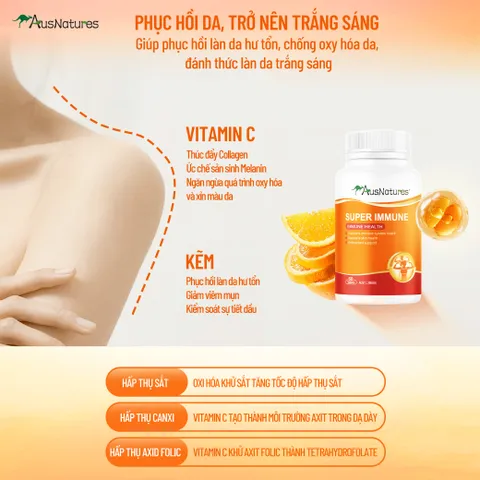 Viên Uống Kẽm & Vitamin C AusNatures Super Immune - Hỗ Trợ Đề Kháng, Giảm Mụn, Đẹp Da - 60 Viên (60 Ngày)