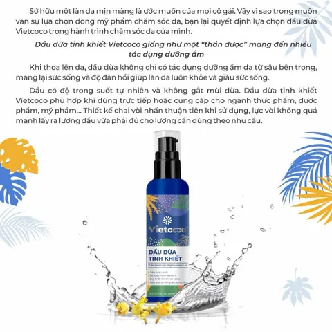Dầu Dừa Tinh Khiết Vietcoco 130ml - Dưỡng Da, Tóc, Tẩy Trang, Chăm Sóc Đặc Biệt Từ Thiên Nhiên, 100% Nguyên Chất, Không Chất Bảo Quản