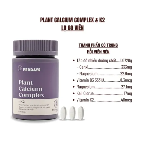 Viên Uống PERDAYS Plant Calcium Complex + D3K2 - Bổ Sung Canxi Hữu Cơ, Vitamin D3K2, Hỗ Trợ Sức Khỏe Xương Mẹ Bầu, Lọ 60 Viên