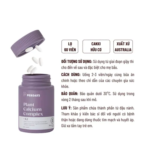 Viên Uống PERDAYS Plant Calcium Complex + D3K2 - Bổ Sung Canxi Hữu Cơ, Vitamin D3K2, Hỗ Trợ Sức Khỏe Xương Mẹ Bầu, Lọ 60 Viên