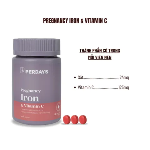 Viên Uống Sắt PERDAYS Pregnancy Iron - Bổ Sung Sắt & Vitamin C Cho Mẹ Bầu, Ngăn Ngừa Thiếu Máu, Tăng Cường Miễn Dịch - Lọ 30 Viên