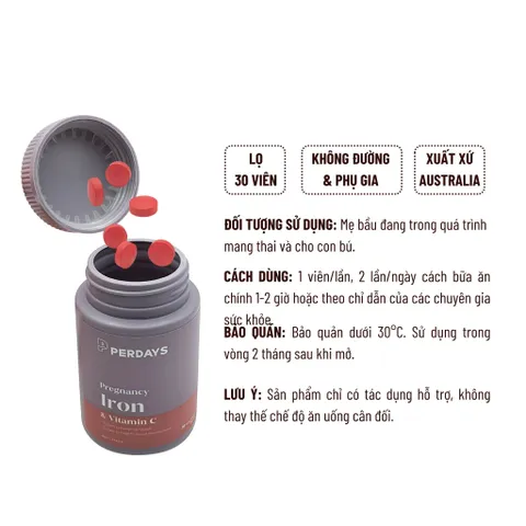 Viên Uống Sắt PERDAYS Pregnancy Iron - Bổ Sung Sắt & Vitamin C Cho Mẹ Bầu, Ngăn Ngừa Thiếu Máu, Tăng Cường Miễn Dịch - Lọ 30 Viên