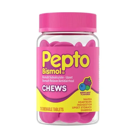Kẹo Ngậm Hỗ Trợ Dạ Dày Pepto Bismol Vị Berry Mint 70 Viên - Giảm Đầy Bụng, Ợ Chua, Buồn Nôn, Tiêu Chảy, Hương Vị Thơm Ngon