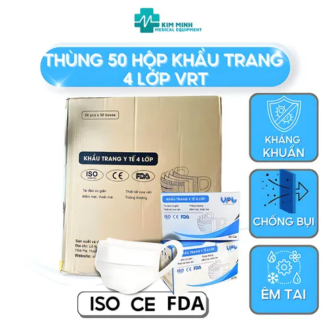 Thùng 50 Hộp Khẩu Trang Y Tế 4 Lớp VRT - Màu Xanh, Trắng, Quai To, Mềm Mại, Không Đau Tai, Bảo Vệ Sức Khỏe Hiệu Quả