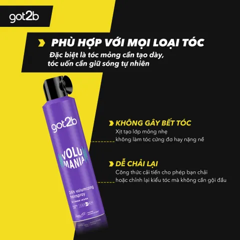 Xịt Phồng Tóc Got2b Volumizing Hairspray 300ml - Giữ Độ Phồng 24 Giờ, Không Cứng Tóc, Tóc Bồng Bềnh Tự Nhiên