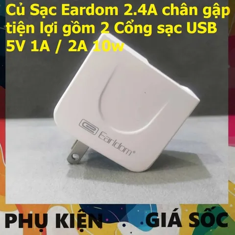 Cốc Sạc Eardom 2.4A - Củ Sạc Đôi USB 10W 5V 1A/2A Cho Điện Thoại, Thiết Kế Gọn Nhẹ, Bảo Vệ Thông Minh