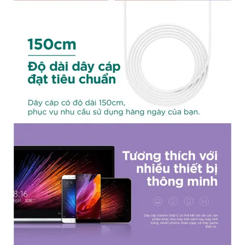 Dây Sạc Chính Hãng Xiaomi Type C To Type C 5A Tốc Độ Cao 480Mbps Dài 1.5m - Chất Liệu Bền Bỉ, Thiết Kế Gọn Nhẹ