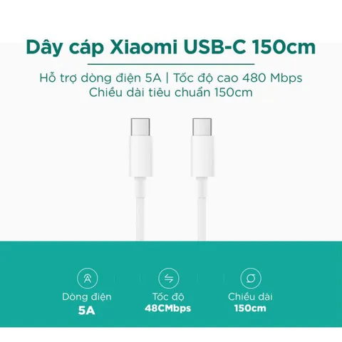 Dây Sạc Chính Hãng Xiaomi Type C To Type C 5A Tốc Độ Cao 480Mbps Dài 1.5m - Chất Liệu Bền Bỉ, Thiết Kế Gọn Nhẹ