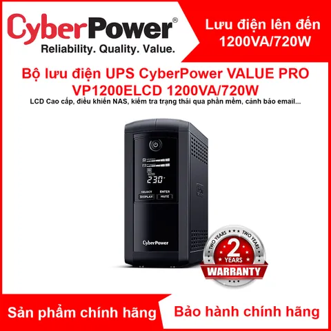 Bộ Lưu Điện UPS CyberPower VALUE Pro VP1200ELCD 1200VA/720W - Bảo vệ nguồn điện cho NAS, PC, Thiết bị điện tử, Chính hãng