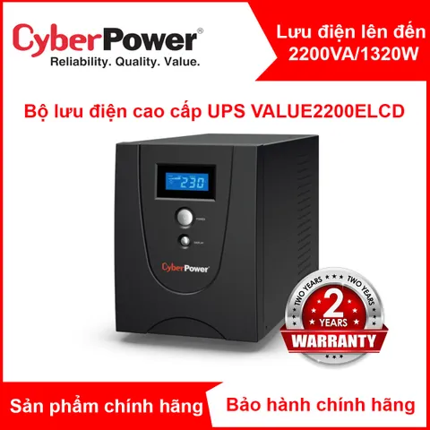 Bộ Lưu Điện CyberPower VALUE2200ELCD 2200VA/1320W - UPS Chính Hãng Bảo Vệ PC, NAS, Máy Trạm - Đổi Mới Tối Ưu Năng Lượng
