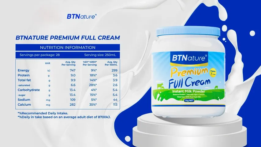 Sữa Tươi Nguyên Kem Dạng Bột BTNature 1kg - Sữa Dinh Dưỡng Chuẩn Úc, Giàu Đạm và Canxi, Tiện Lợi Cho Gia Đình