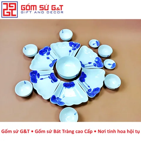 Bộ Đồ Ăn Gốm Sứ G&T Mặt Trời Vẽ Sen - Bộ 55 cm Sang Trọng Cho Bữa Ăn Gia Đình & Dịp Lễ Hội, Phong Cách Tinh Tế Việt Nam