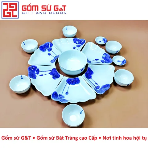 Bộ Đồ Ăn Gốm Sứ G&T Mặt Trời Vẽ Sen - Bộ 55 cm Sang Trọng Cho Bữa Ăn Gia Đình & Dịp Lễ Hội, Phong Cách Tinh Tế Việt Nam
