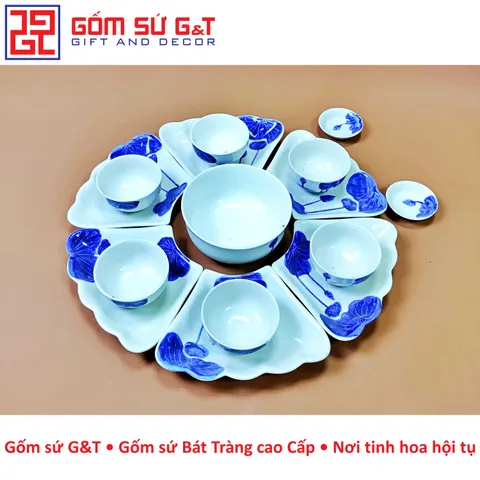 Bộ Đồ Ăn Gốm Sứ G&T Mặt Trời Vẽ Sen - Bộ 55 cm Sang Trọng Cho Bữa Ăn Gia Đình & Dịp Lễ Hội, Phong Cách Tinh Tế Việt Nam