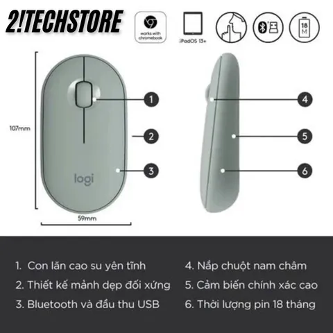 Chuột Không Dây Logitech M350 Pebble - Thiết Kế Thời Trang, Yên Tĩnh, Dùng Cho Học Tập Văn Phòng, Bluetooth và USB 2.4GHz