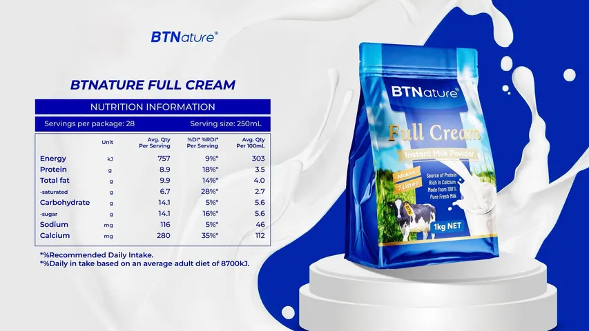 Sữa Tươi Nguyên Kem Dạng Bột BTNature 1kg - Chất Dinh Dưỡng Cao, Không Đường, Tiện Lợi Cho Gia Đình - Chuẩn Úc Chính Hãng