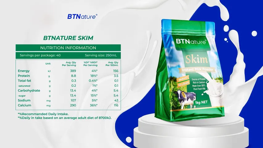 Sữa Tươi Tách Béo BTNature 1KG - Dinh Dưỡng Thể Hình, Bột Tiện Lợi, Hỗ Trợ Tái Tạo Cơ Bắp, Ít Béo, Không Đường, Hương Vị Thanh Nhẹ