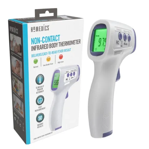 Nhiệt kế hồng ngoại không tiếp xúc HoMedics TIE-240 - Chứng nhận FDA, Đo 6 trong 1, Hiển thị 3 màu, Bộ nhớ 50 kết quả