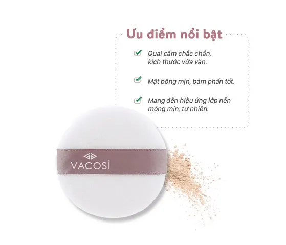 Bông Phấn Tròn Vacosi BP20 Trắng Nhẹ - Phụ Kiện Trang Điểm Dễ Sử Dụng cho Làn Da Mềm Mại, Giúp Tán Phấn Đều  và Tiết Kiệm Chi Phí