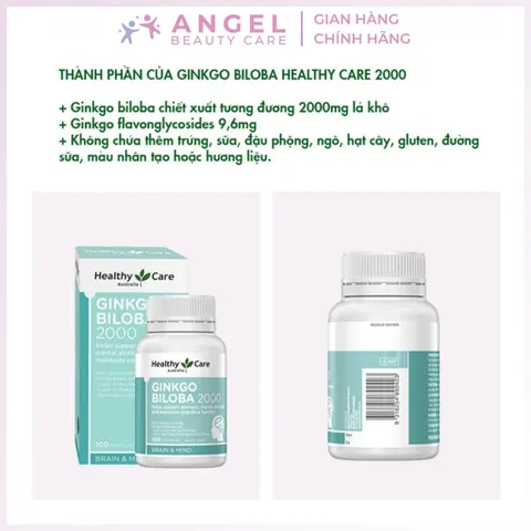 Viên Uống bổ não Healthy Care Ginkgo Biloba 2000 Úc - Hộp 100 viên