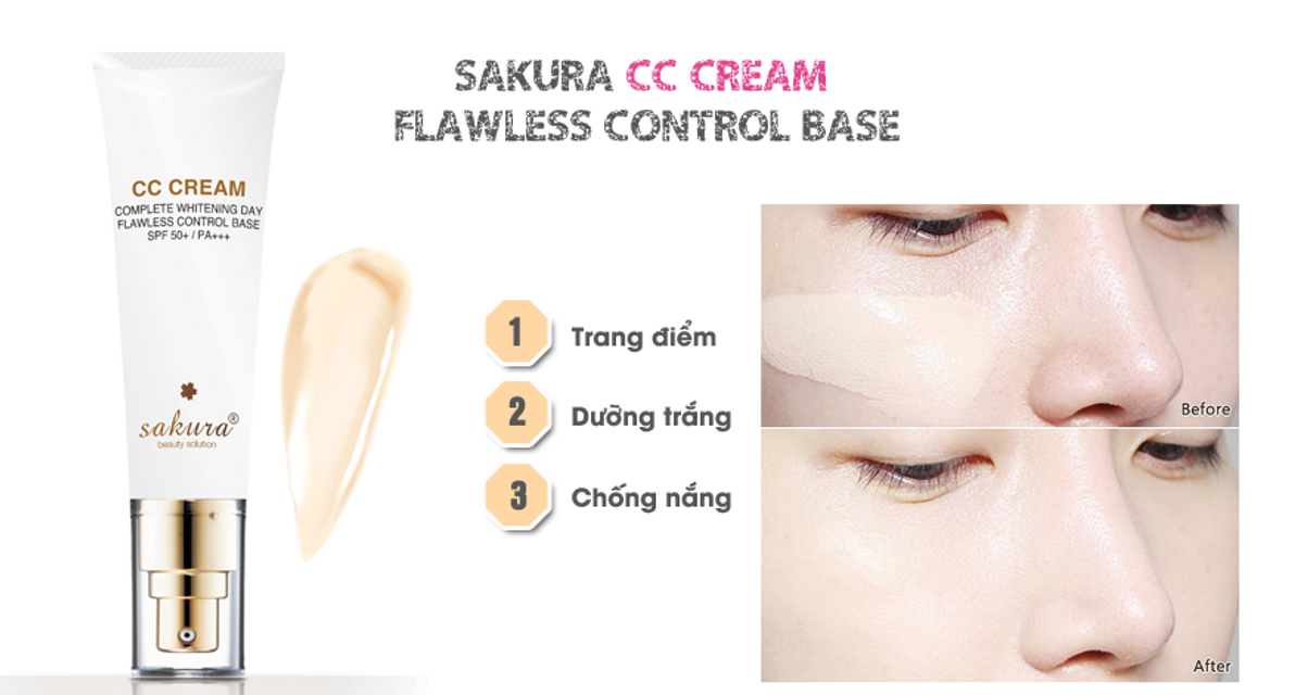 Sakura CC Cream c&ograve;n gi&uacute;p l&agrave;m trắng da, se kh&iacute;t lỗ ch&acirc;n l&ocirc;ng, phục hồi da hư tổn