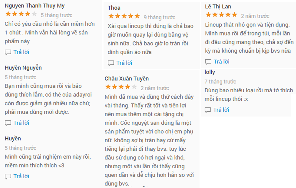 Cốc nguyệt san Lincup của Mỹ được kh&aacute;ch h&agrave;ng phản hồi rất tốt khi sử dụng