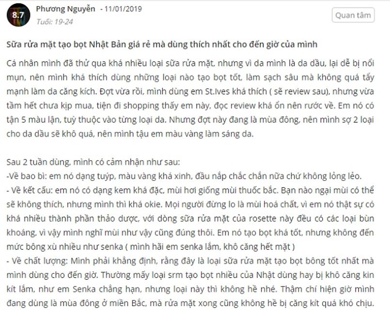 Phản hồi từ ph&iacute;a kh&aacute;ch h&agrave;ng sử dụng sữa rửa mặt Rosette m&agrave;u v&agrave;ng
