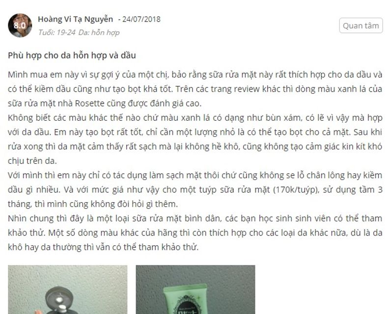 Phản hồi từ ph&iacute;a kh&aacute;ch h&agrave;ng sử dụng sữa rửa mặt Rosette m&agrave;u xanh l&aacute; 1