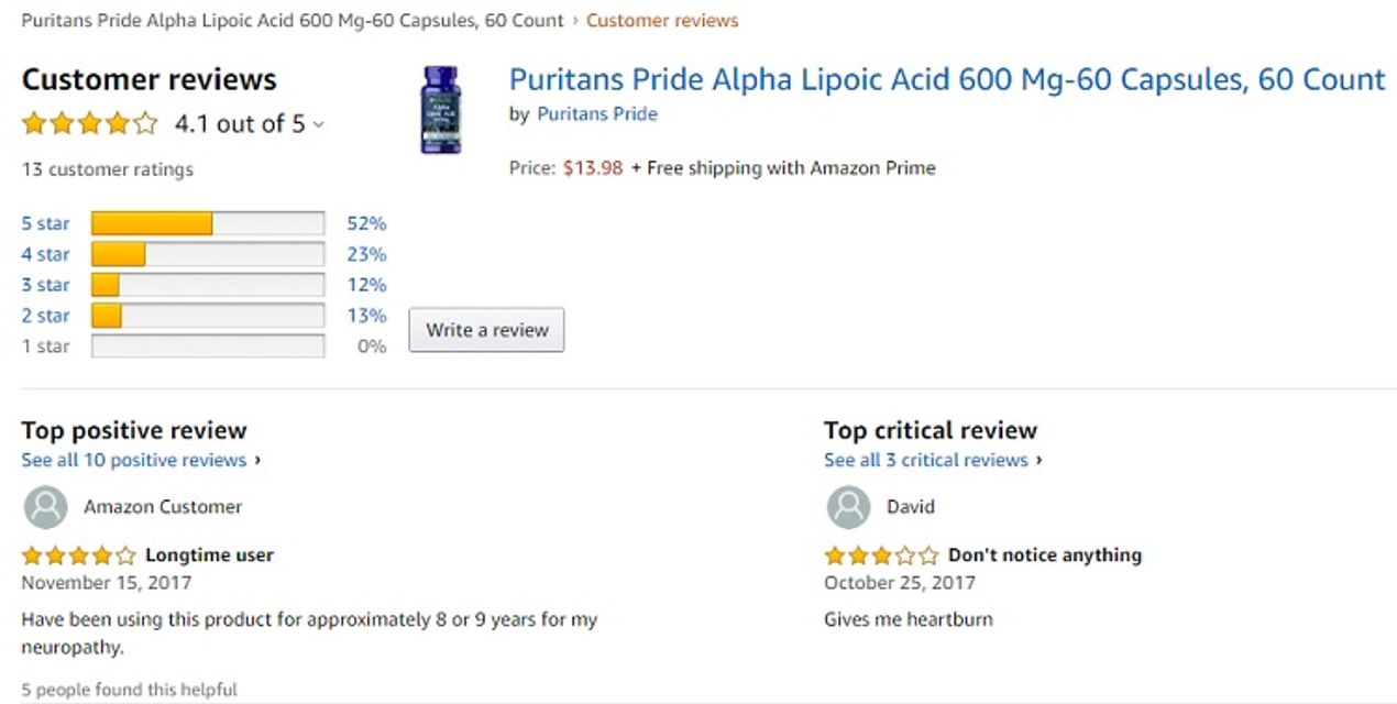 Phản hồi từ ph&iacute;a kh&aacute;ch h&agrave;ng sử dụng Alpha Lipoic Acid 600 mg Puritan's Pride 2