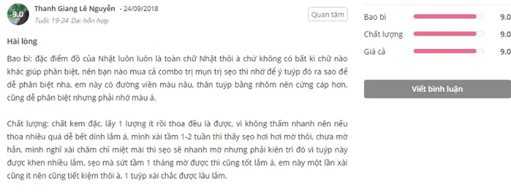 phản hồi từ ph&iacute;a kh&aacute;ch h&agrave;ng sử dụng kem chăm sóc sẹo Gentacin