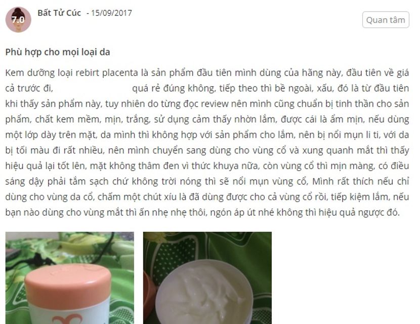 Phản hồi từ ph&iacute;a kh&aacute;ch h&agrave;ng sử dụng kem nhau thai cừu Rebirth 2