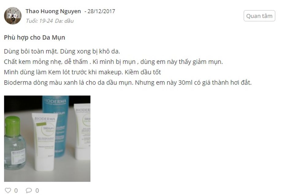 Phản hồi từ ph&iacute;a kh&aacute;ch h&agrave;ng sử dụng Bioderma Sebium Global 2