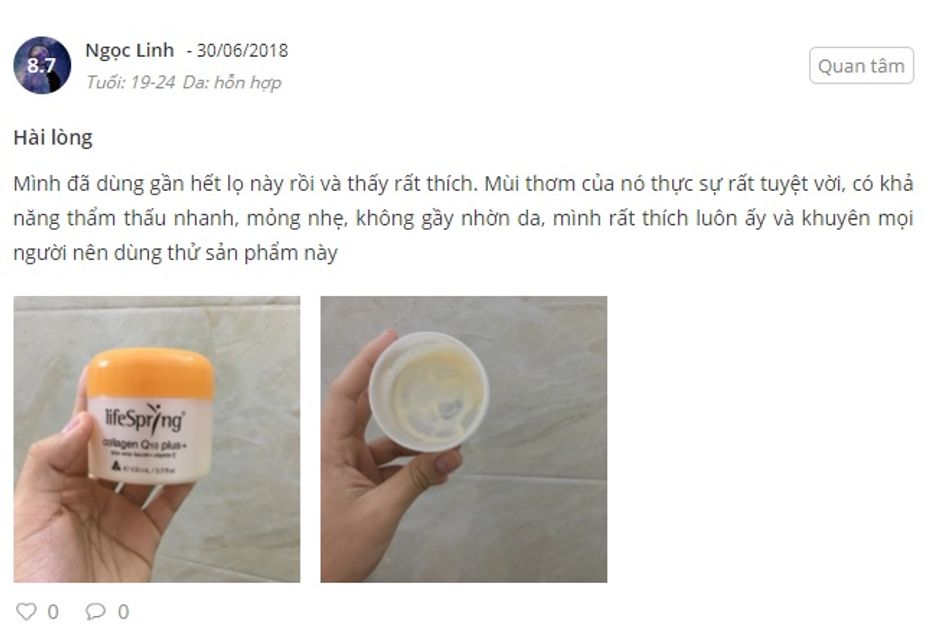Phản hồi từ ph&iacute;a kh&aacute;ch h&agrave;ng sử dụng Kem nhau thai cừu LifeSpring &Uacute;c Collagen Q10 Plus 1