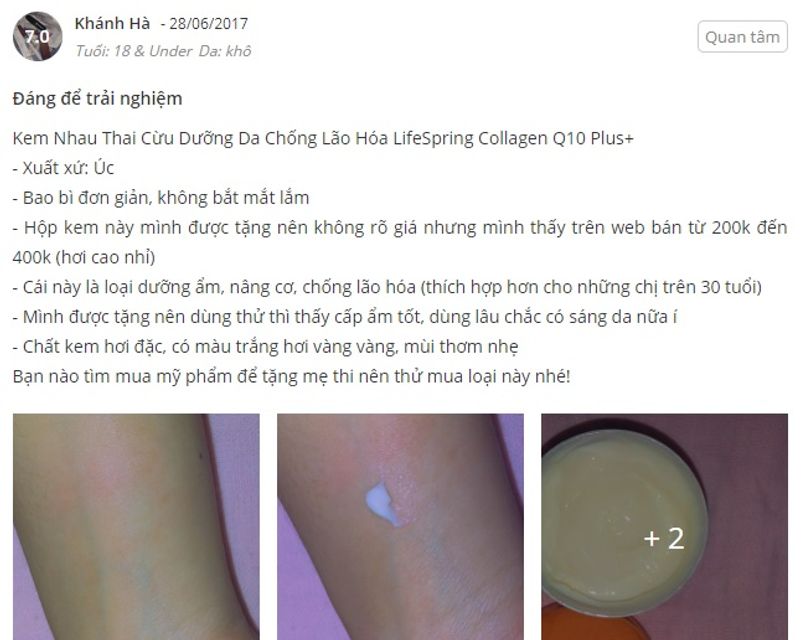 Phản hồi từ ph&iacute;a kh&aacute;ch h&agrave;ng sử dụng Kem nhau thai cừu LifeSpring &Uacute;c Collagen Q10 Plus 2
