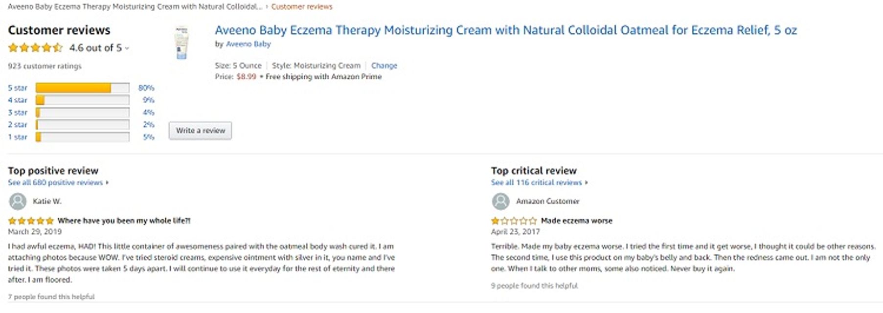 Phản hồi từ ph&iacute;a kh&aacute;ch h&agrave;ng sử dụng kem Aveeno Baby Eczema 2