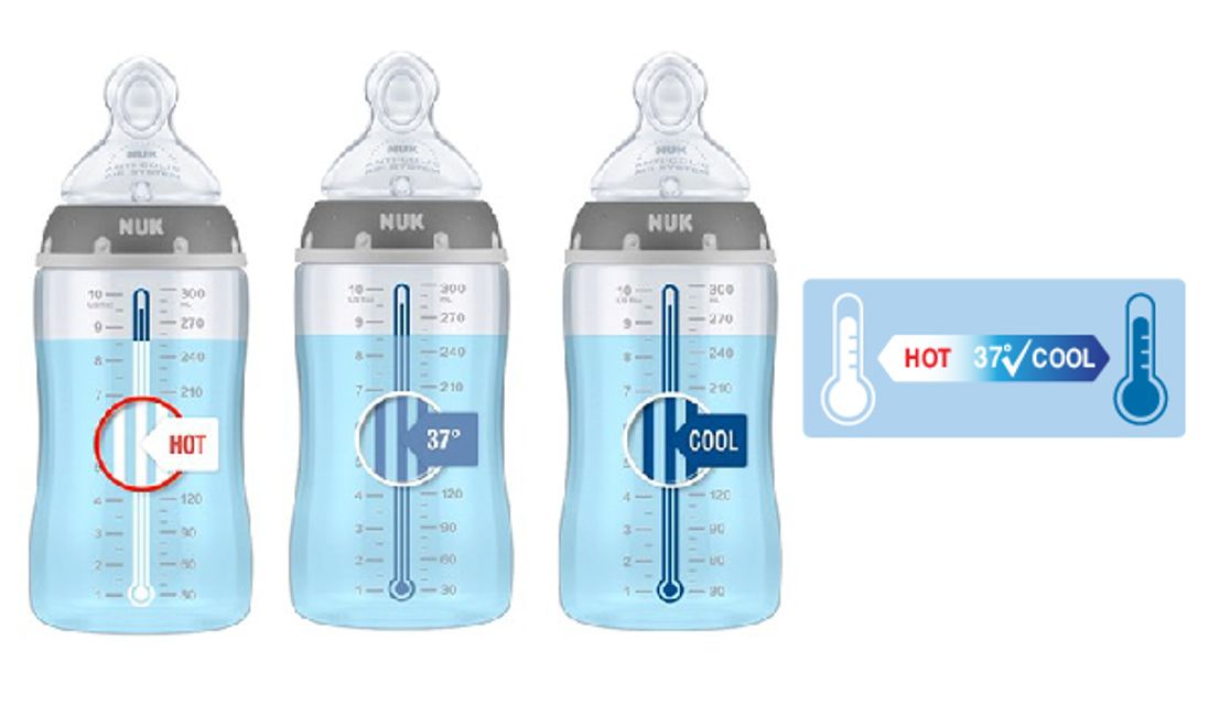 B&igrave;nh sữa cảm biến nhiệt NUK PP cổ rộng, n&uacute;m ty dẹt silicone