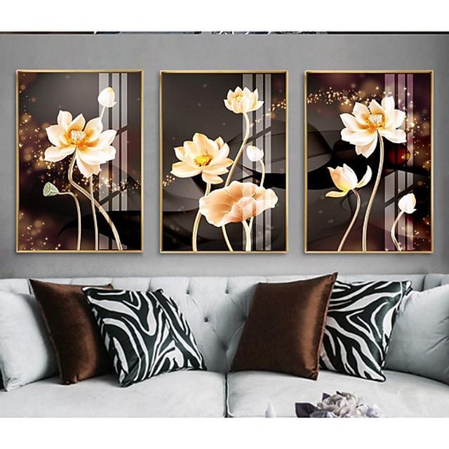 Tranh Canvas treo tường 3D họa tiết lọ sen v&agrave;ng